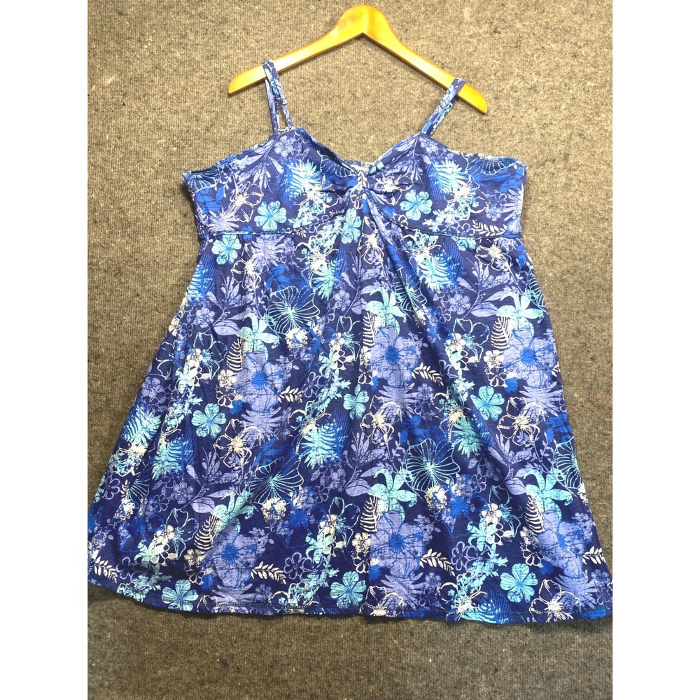 Extra Touch Women 3X Blue Tropical Floral Smocked Back Cami Tank Top Sleeveless